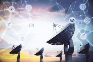 Satellite dishes with geometric shapes and icons